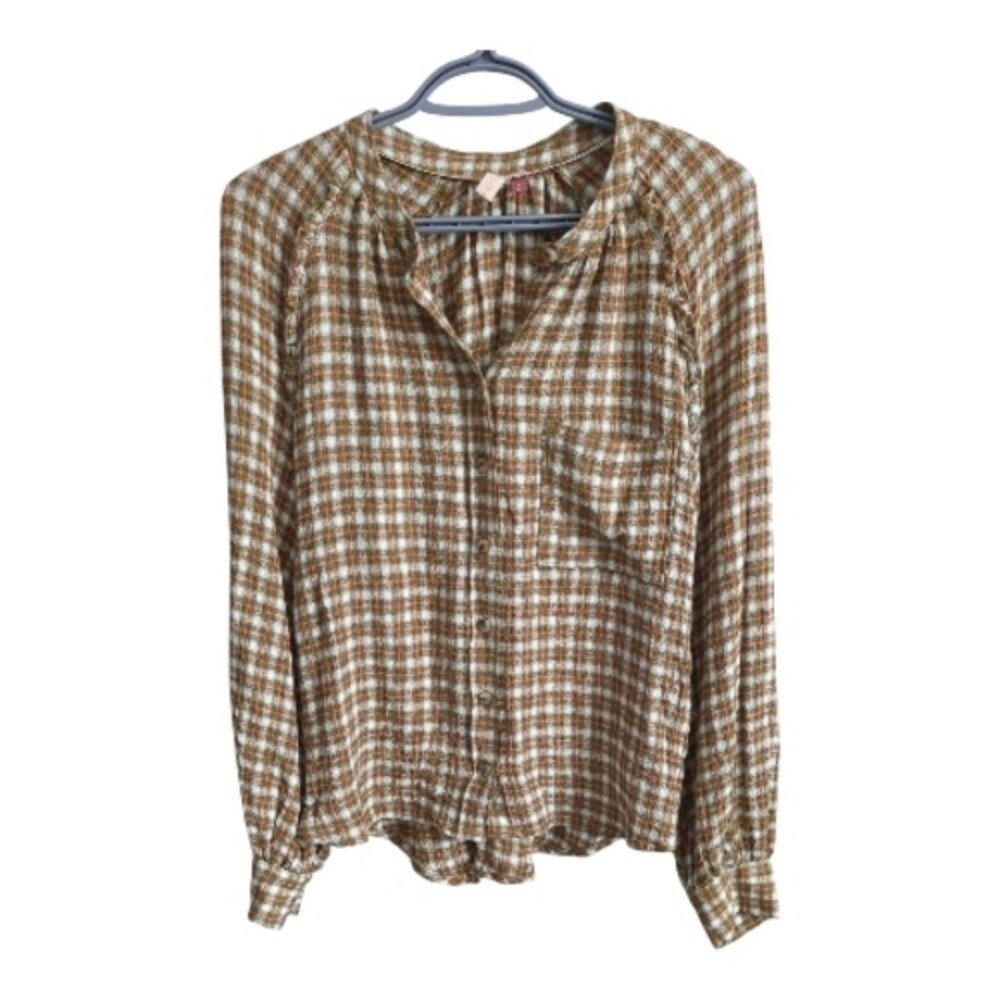 Anthropologie Pilcro Breezy Button Down Shirt Plaid Brown White Salmon Sz Small